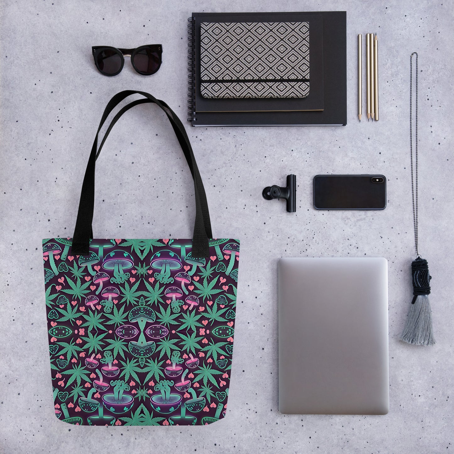 Neon Pink & Green 420 Mushroom All Over Print Tote Bag