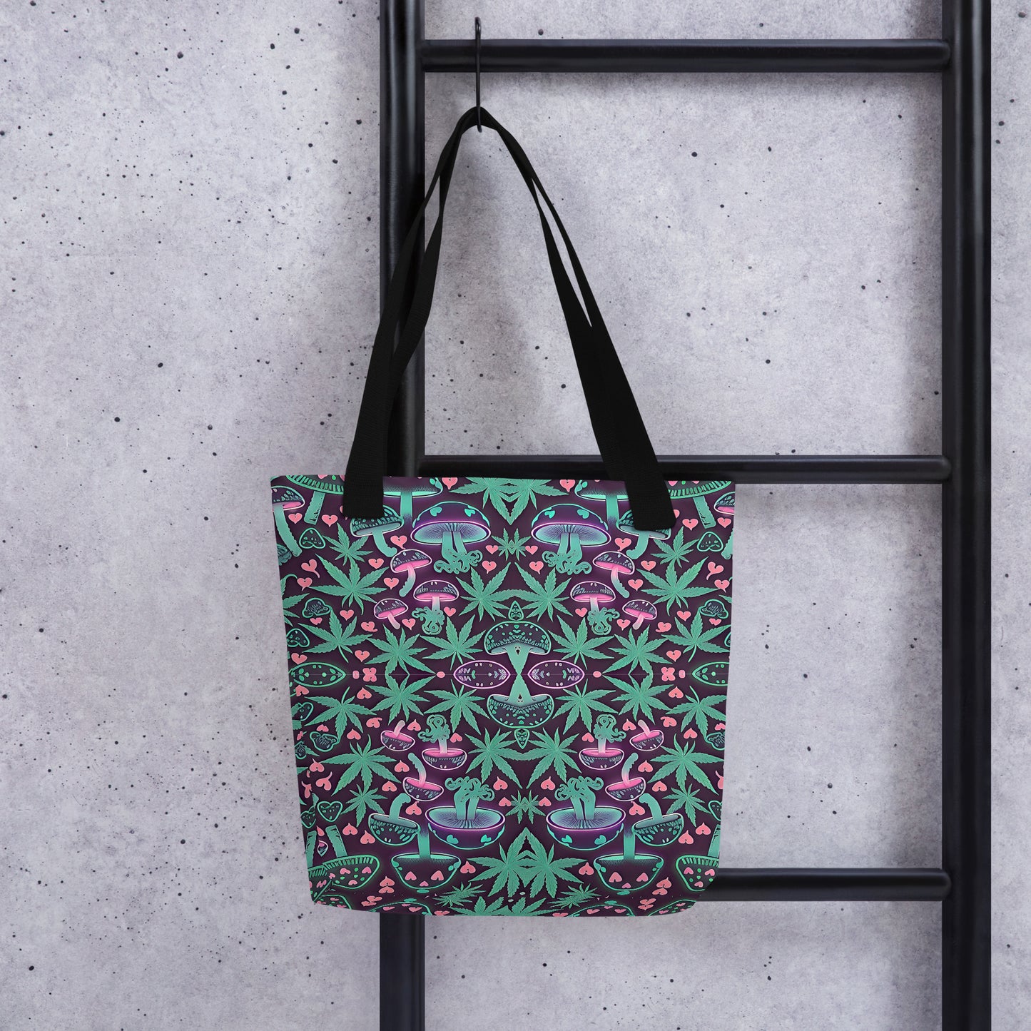 Neon Pink & Green 420 Mushroom All Over Print Tote Bag