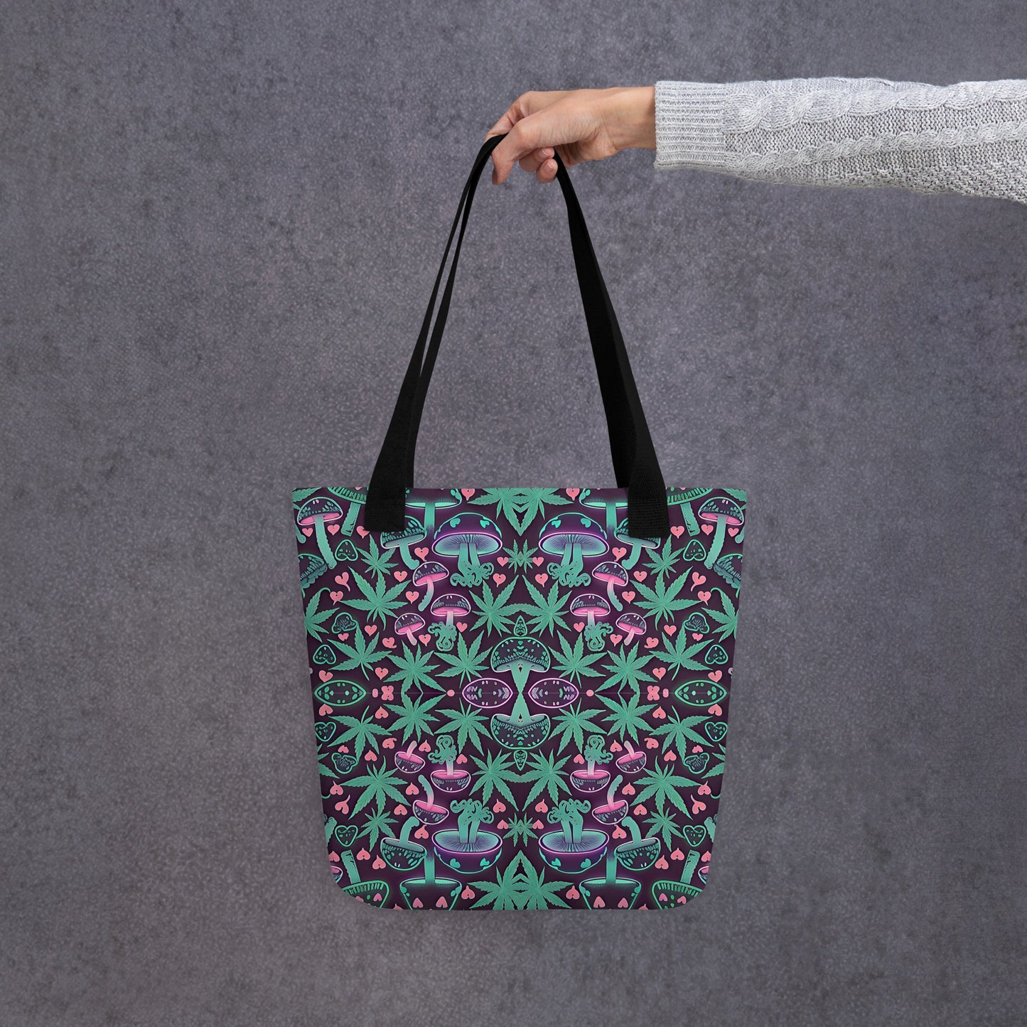 Neon Pink & Green 420 Mushroom All Over Print Tote Bag