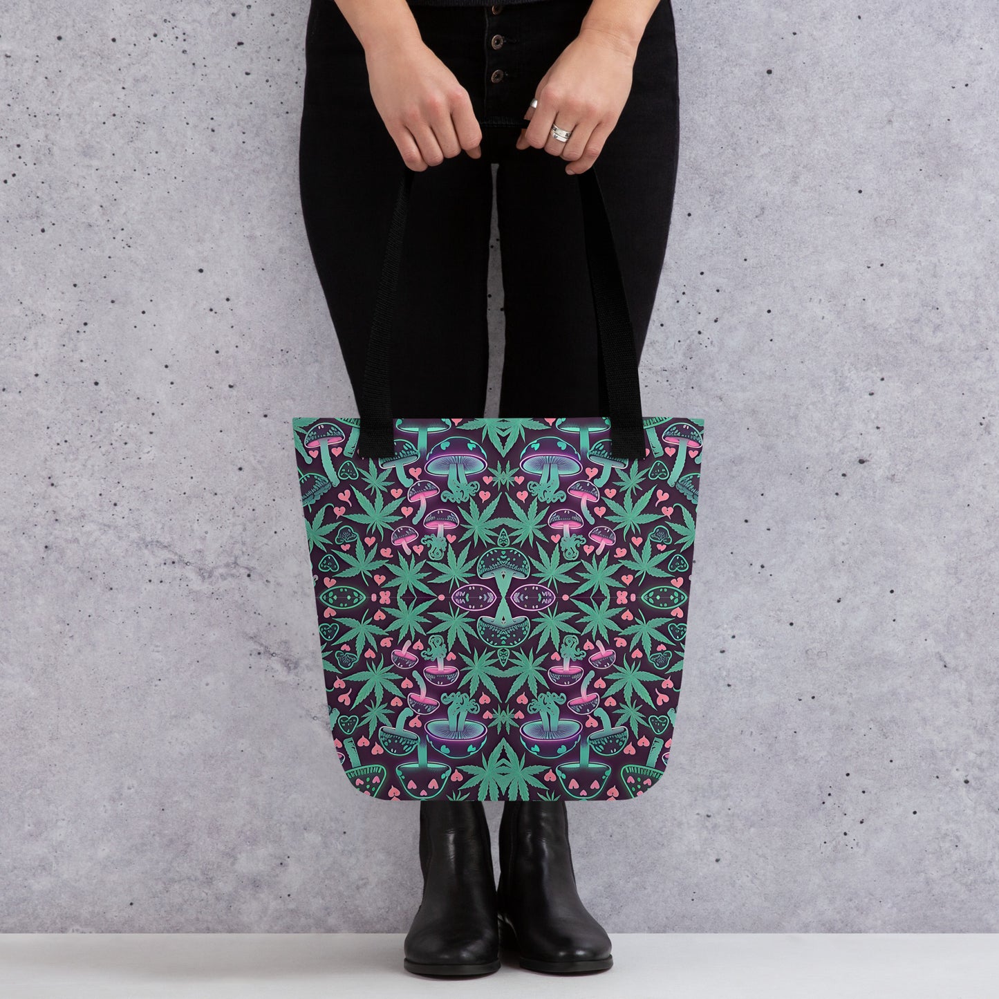 Neon Pink & Green 420 Mushroom All Over Print Tote Bag