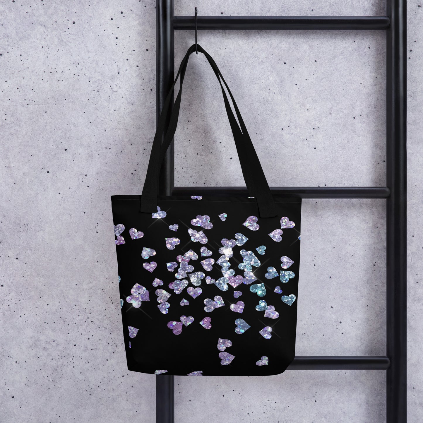 Black Heart Glitter All Over Print Tote Bag