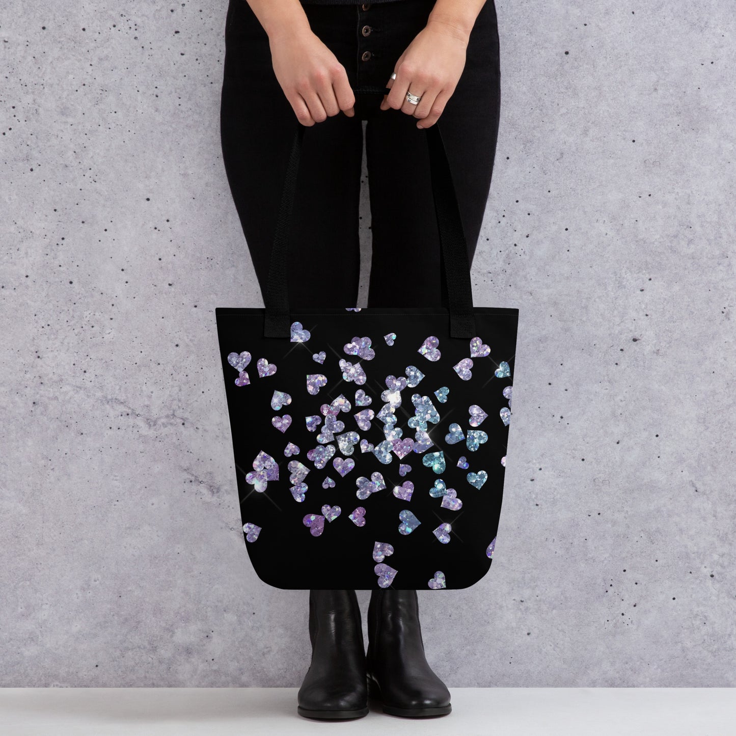 Black Heart Glitter All Over Print Tote Bag
