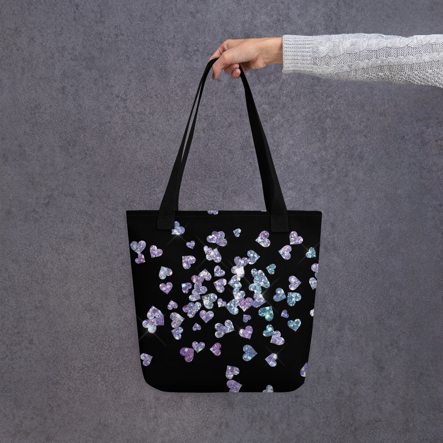 Black Heart Glitter All Over Print Tote Bag