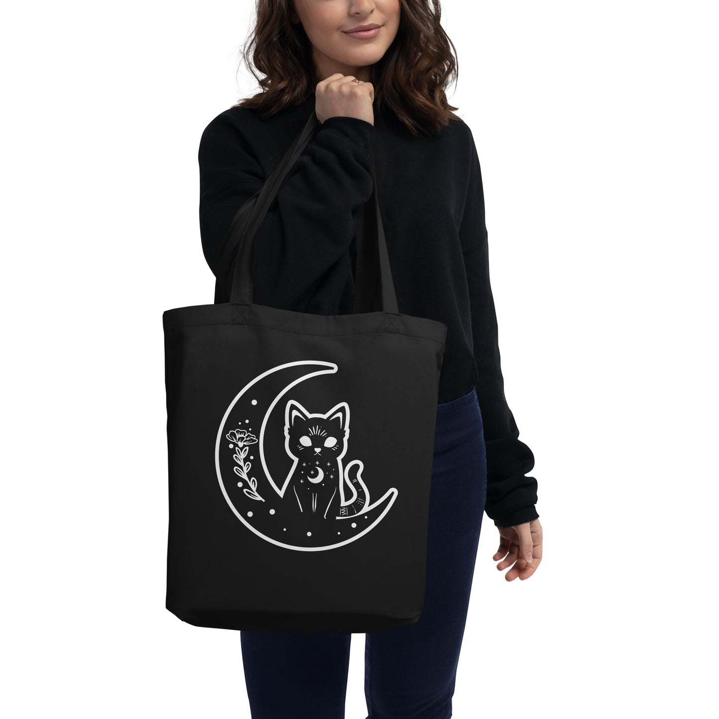 Organic Cotton Crescent Moon Cat Tote Bag