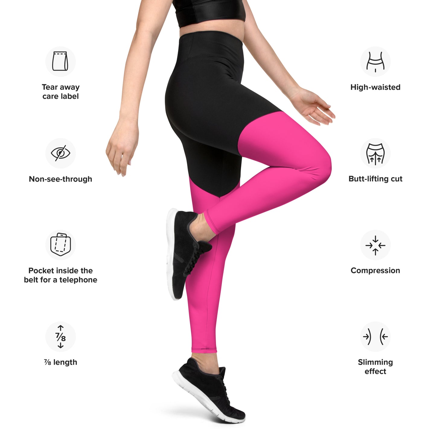 Neon Pink & Black Sports Leggings with Pocket