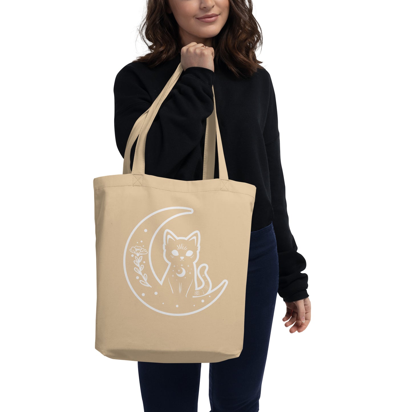 Organic Cotton Crescent Moon Cat Tote Bag