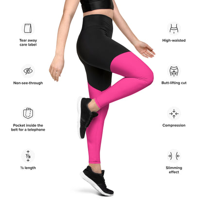 Neon Pink & Black Sports Leggings with Pocket