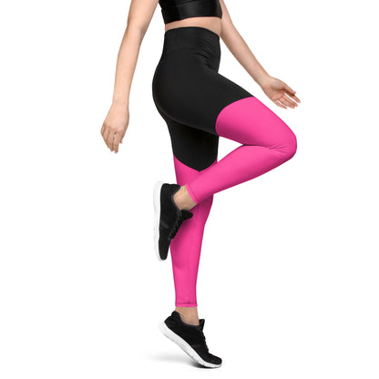 Neon Pink & Black Sports Leggings with Pocket